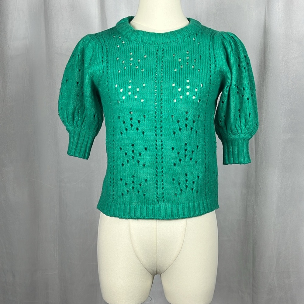 For Love And Lemons Emerald Green Scoop Neck Pointelle Puff Sleeve Sweater - Picture 4 of 9
